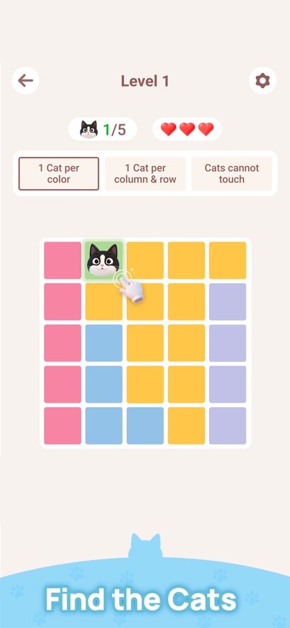 Meowdoku: уровень 1, счётчик котов 1/5, три сердца, кнопки назад и настроек