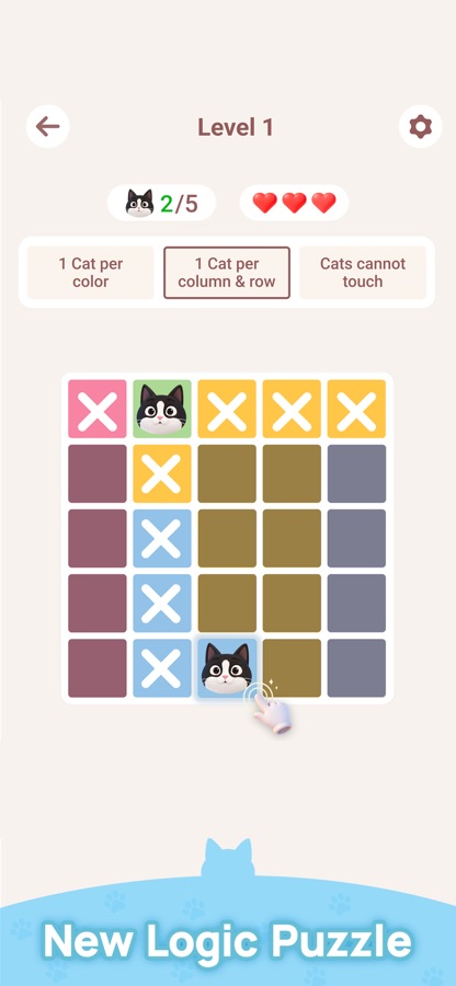 Meowdoku: правила уровня в трёх карточках, сетка с крестиками