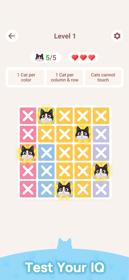 Meowdoku: решённое поле, все пять котов расставлены