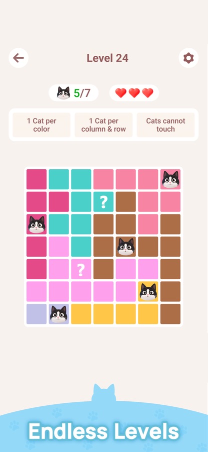 Meowdoku: уровень 24, поле 7×7 с вопросительными клетками