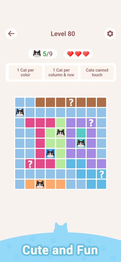 Meowdoku: уровень 80, большое поле 9×9